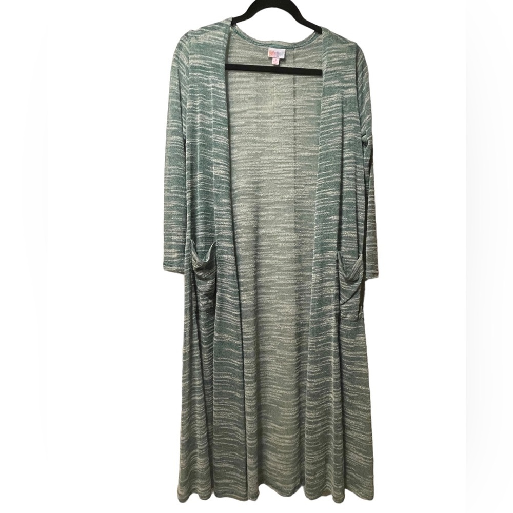 NWT LuLaRoe “Sarah” open front cardigan, green & white, size small